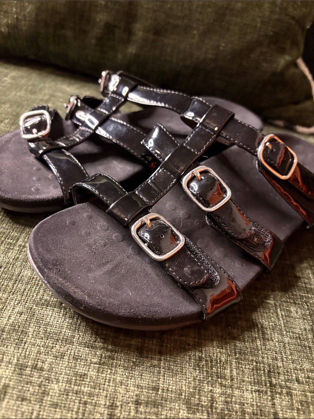 Vionic Black Patent Three-Buckle Slide Sandals